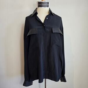 Vintage BOK HAUTE COUTURE Black Button Down Blouse Leather Trim (741)